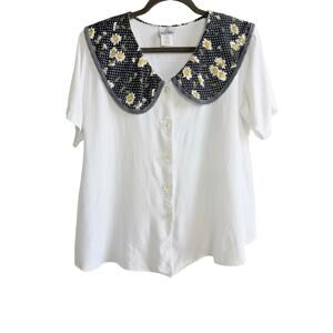 Announcements Vintage Daisy Polka Dot Collar Blouse White Button Front Small 90s